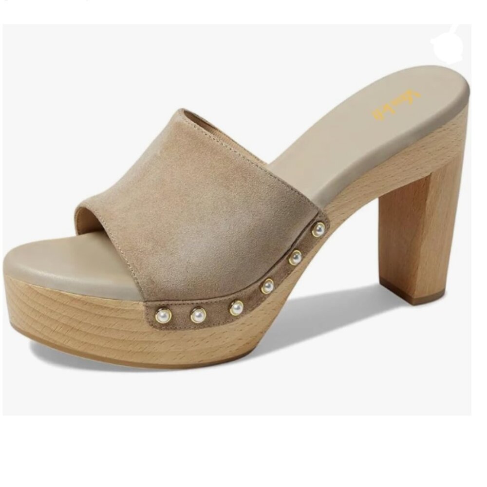 miss left Light Coffee Platform Chunky High Heel Mules Open Toe Studded Sandals